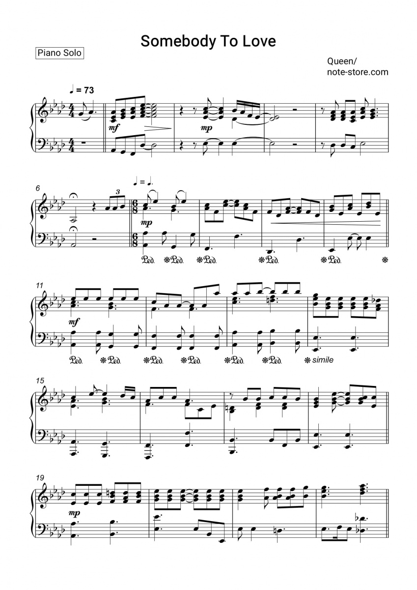 Queen - Somebody To Love Noten für Piano