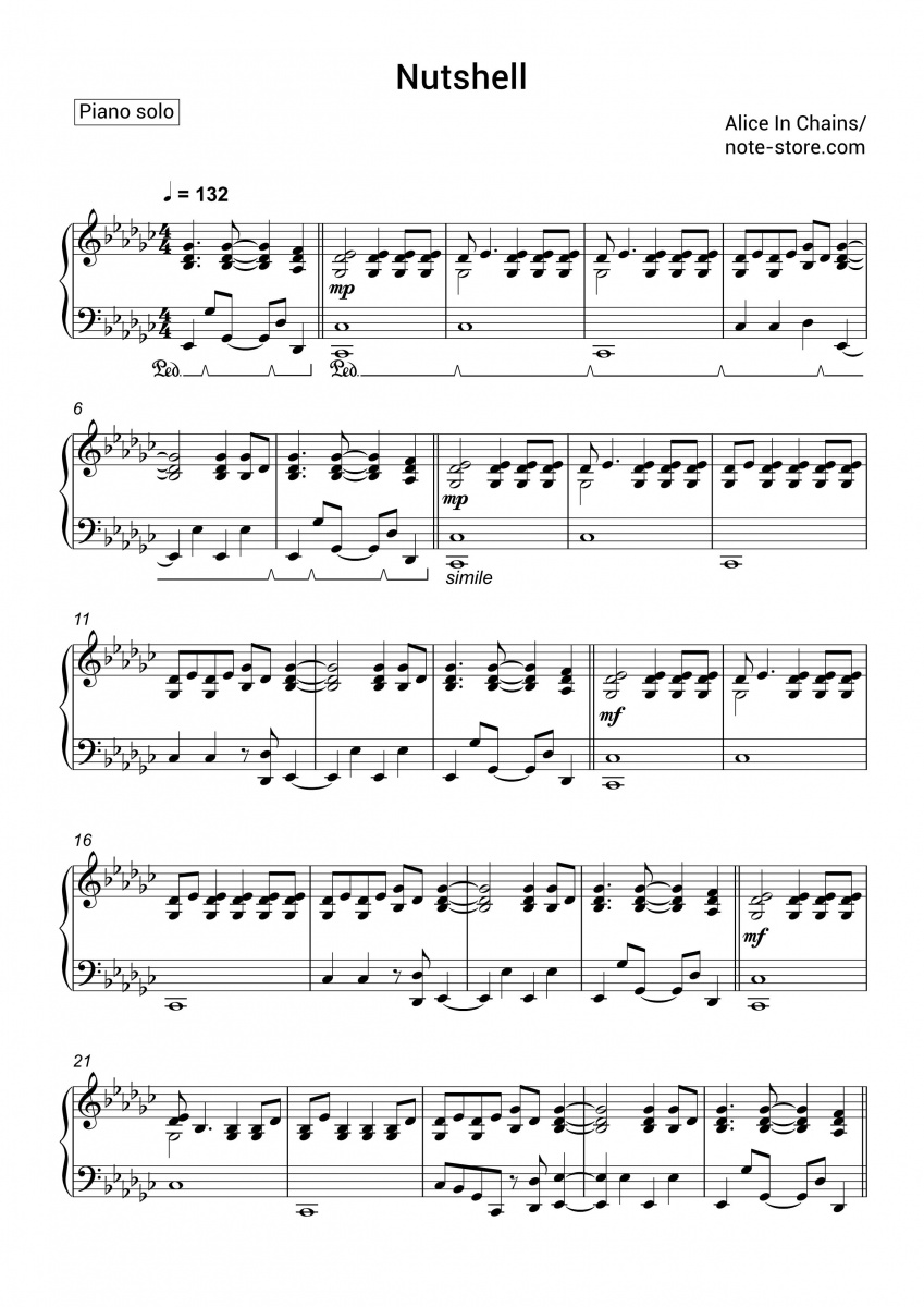 Alice In Chains Nutshell Noten Für Piano Downloaden Für Anfänger Klaviersolo Sku Pso0018347