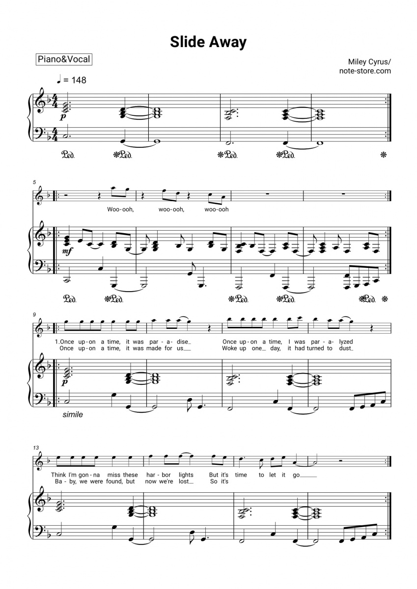 Miley Cyrus Slide Away Noten für Piano downloaden für Anfänger