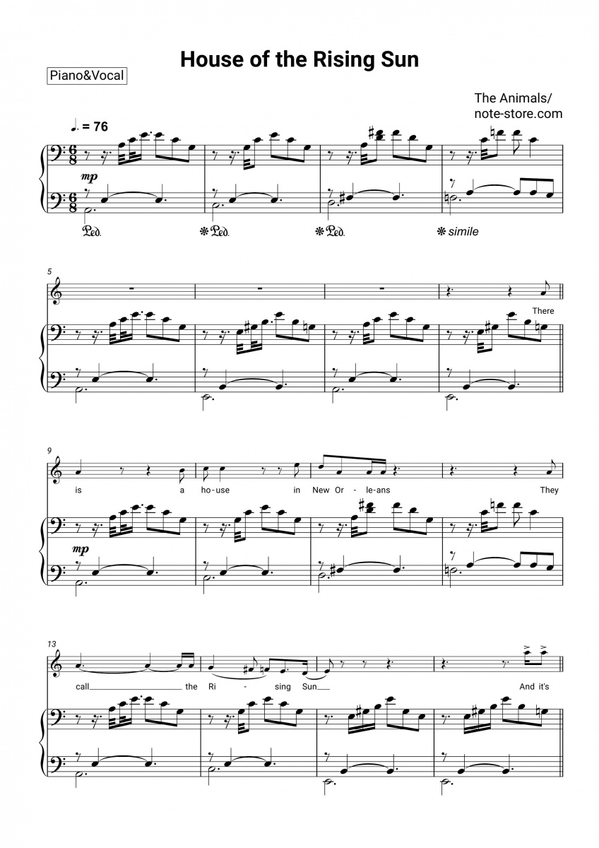 The Animals House of the Rising Sun Noten für Piano downloaden für