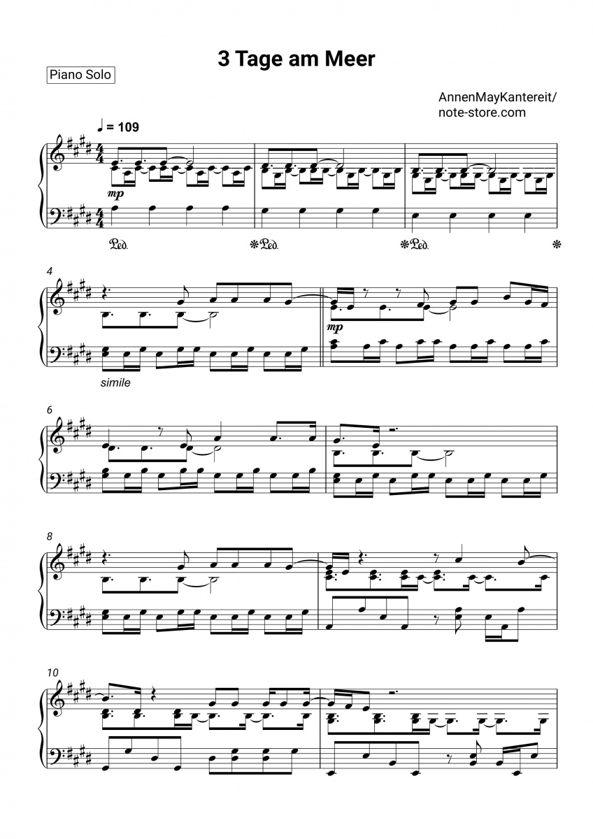 AnnenMayKantereit 3 Tage am Meer Noten für Piano downloaden für
