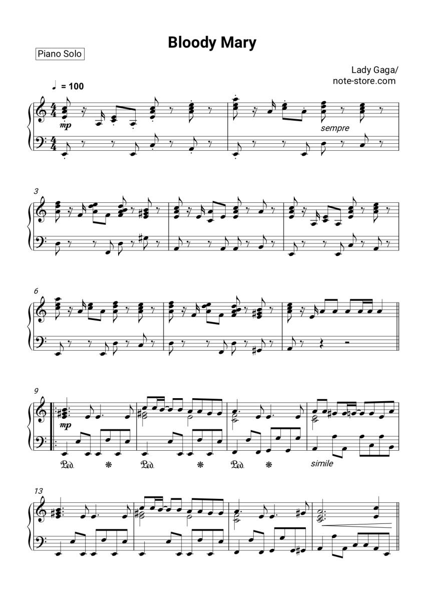 Lady Gaga Bloody Mary Noten für Piano downloaden für Anfänger Klavier