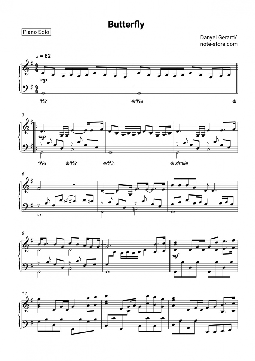 Danyel Gerard - Butterfly (deutsch) Noten für Piano