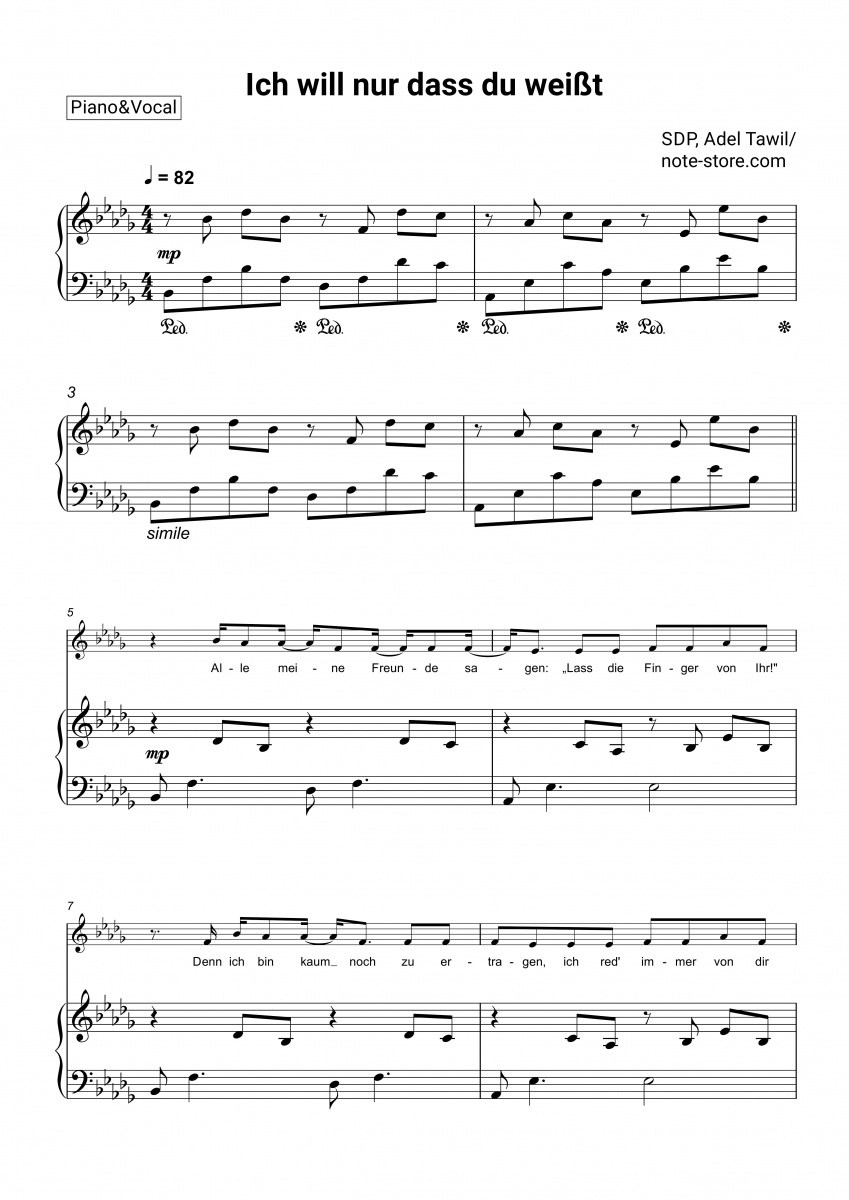 SDP, Adel Tawil Ich will nur dass du weißt Noten für Piano downloaden für Anfänger Klavier