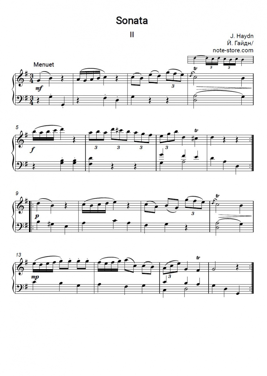 Joseph Haydn - Sonata in G major 2-3 movements Noten für Piano