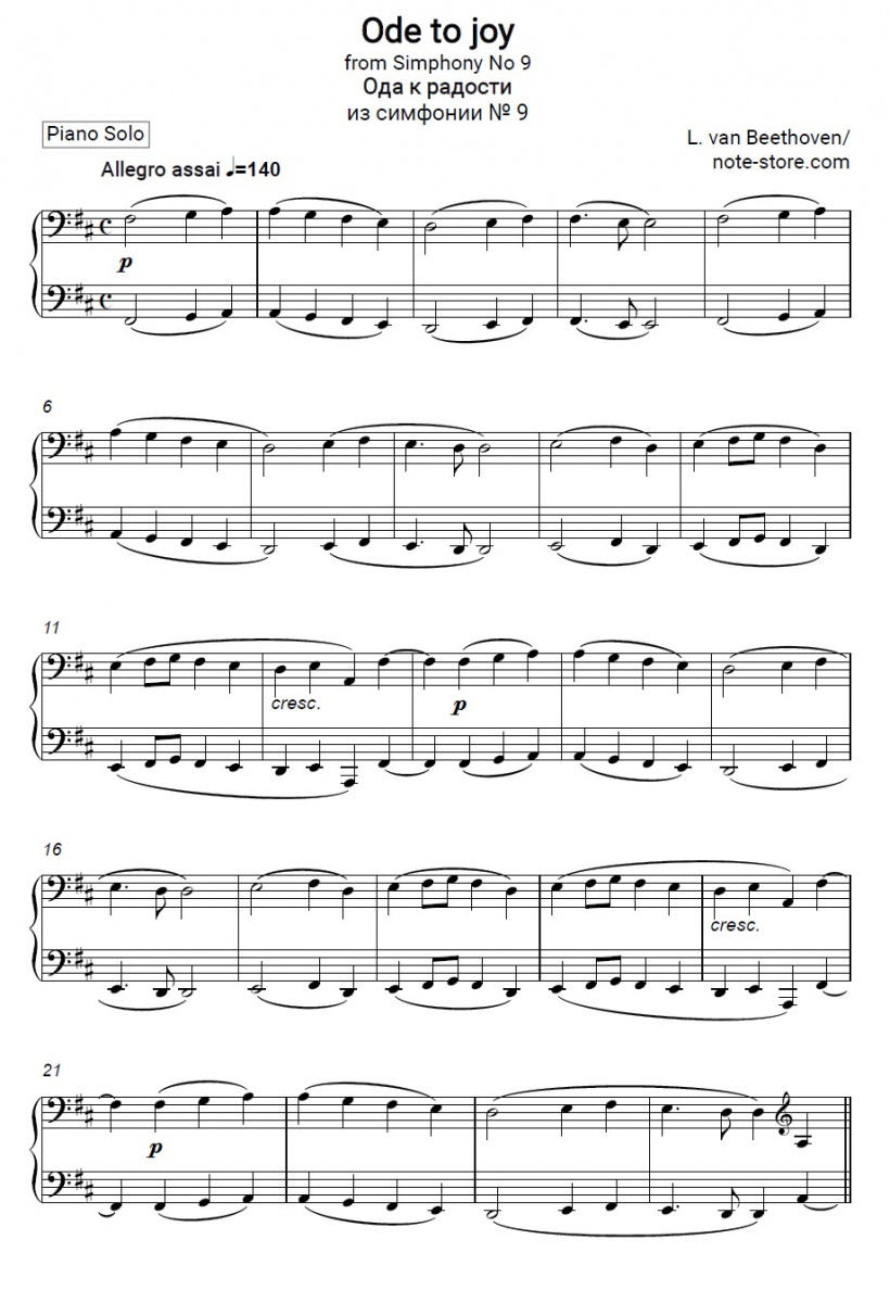 Noten Ludwig van Beethoven - Ode an die Freude (The Symphony No. 9 in D minor, Op. 125) - Klavier.Solo