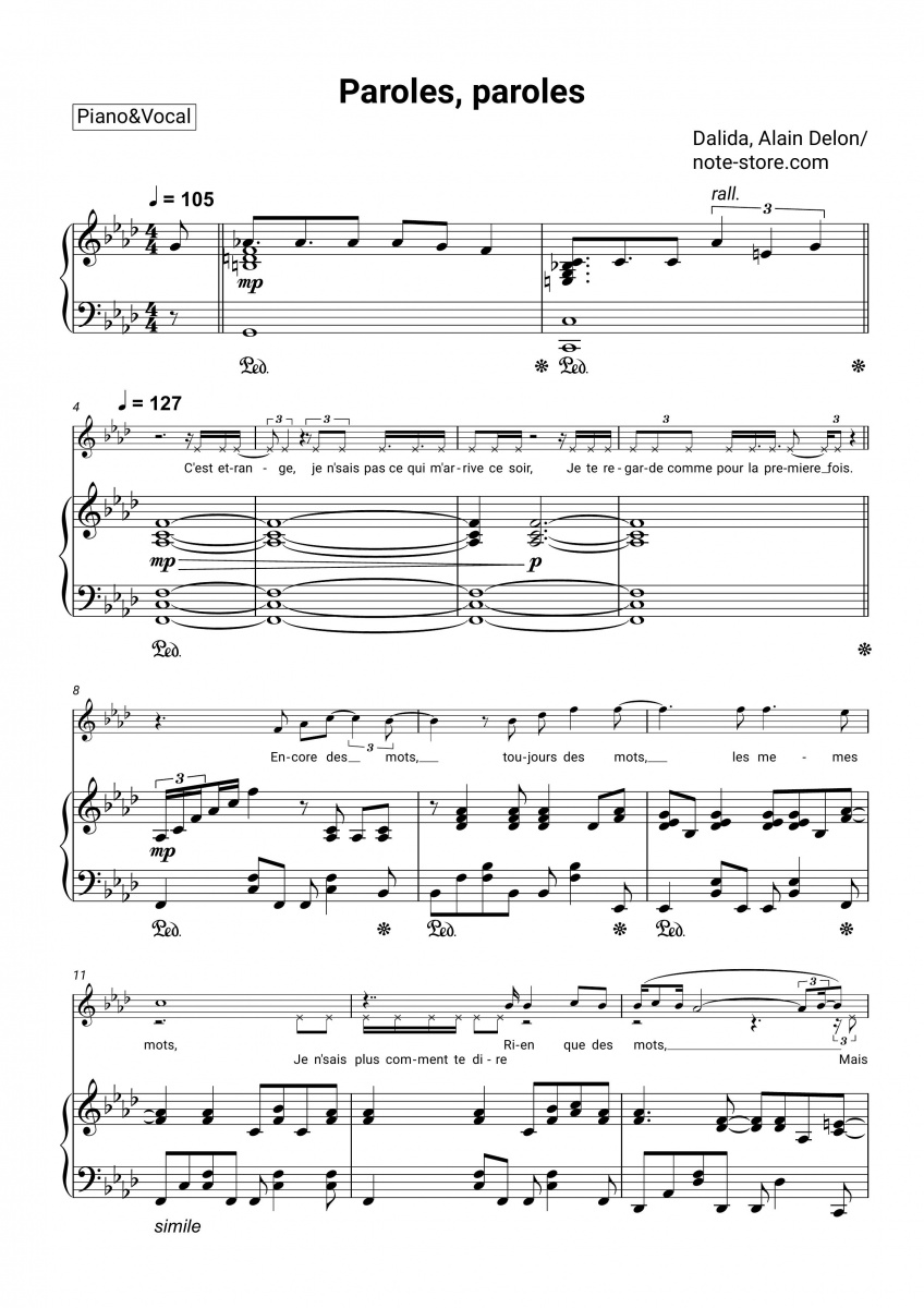 Dalida, Alain Delon Paroles, paroles Noten für Piano
