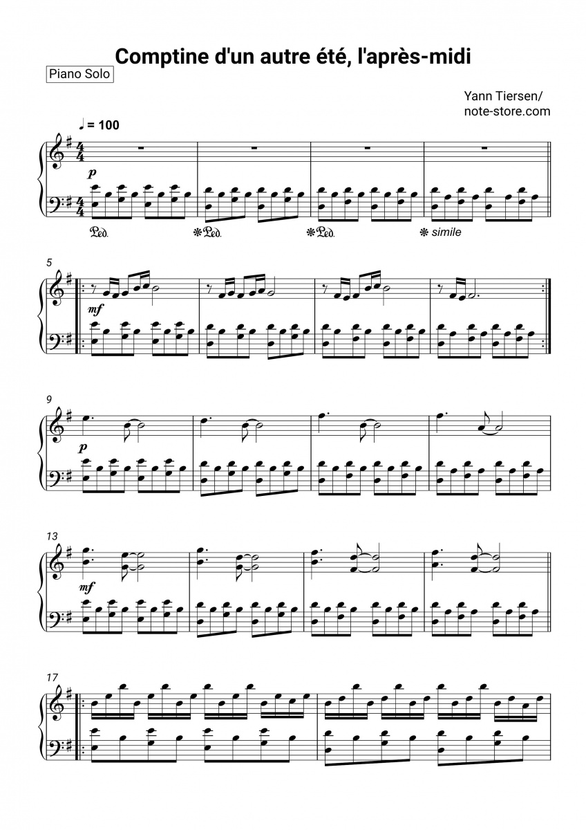 Yann Tiersen - Comptine D'un Autre Ete, L'apres-Midi Noten für Piano