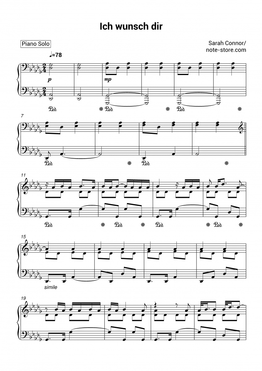 Sarah Connor - Ich wunsch dir Noten für Piano downloaden für Anfänger