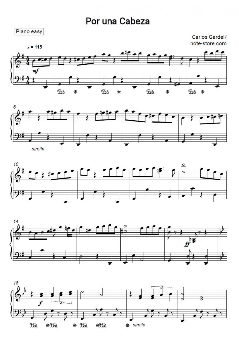 Einfache Noten Carlos Gardel - Por una cabeza - Klavier.Easy