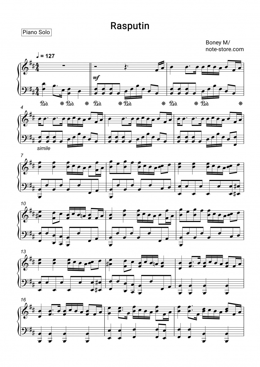 Boney M - Rasputin Noten für Piano downloaden für Anfänger Klavier.Solo
