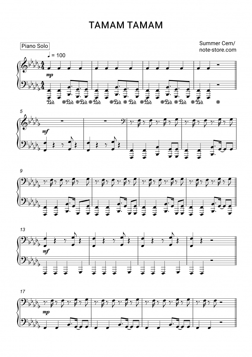 Summer Cem Tamam Tamam Noten für Piano downloaden für Anfänger Klavier.Solo SKU PSO0007007