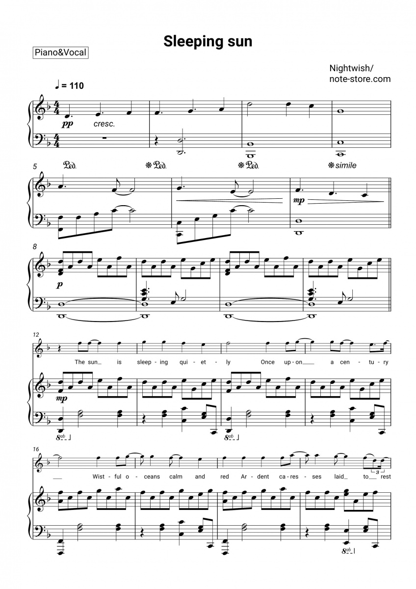 Nightwish Sleeping sun Noten für Piano downloaden für Anfänger