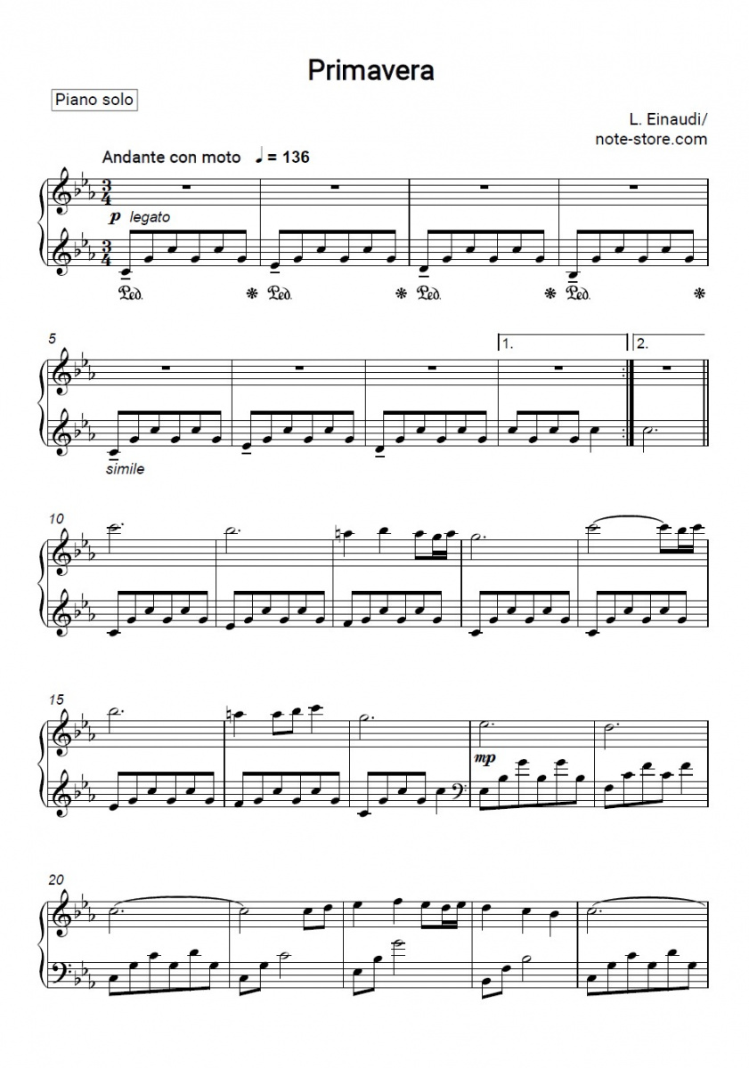 Noten Ludovico Einaudi - Primavera - Klavier.Solo