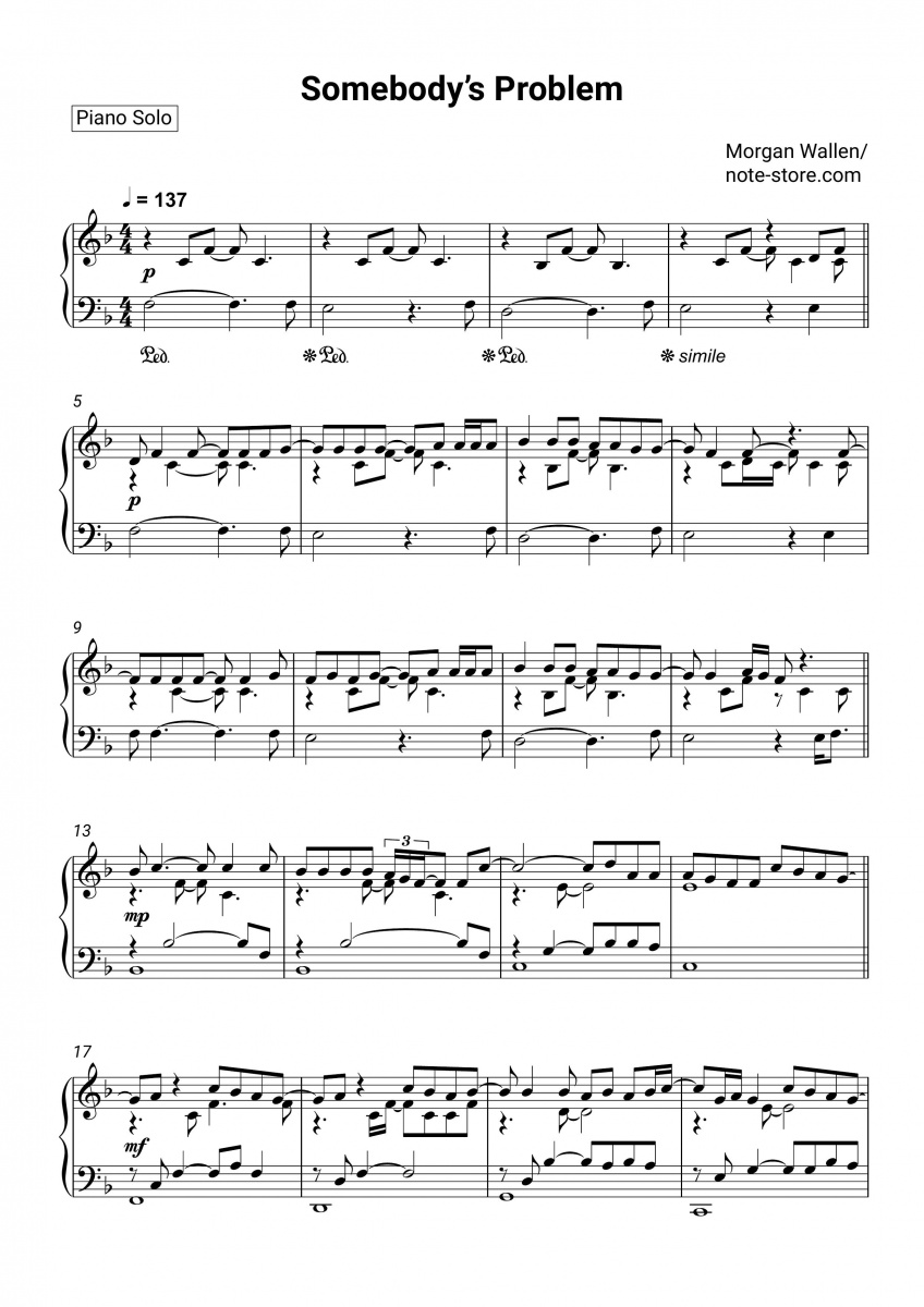 Morgan Wallen - Somebody's Problem Noten für Piano downloaden für