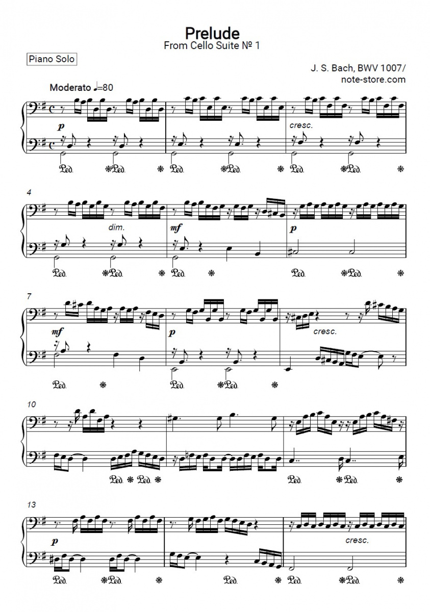 Johann Sebastian Bach - Cello Suite No. 1 in G Major, BWV 1007 Noten für Piano