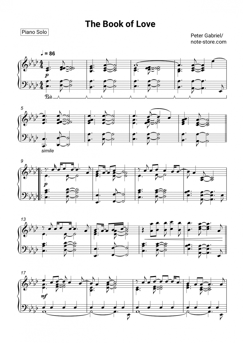 Peter Gabriel The Book of Love Noten für Piano downloaden für