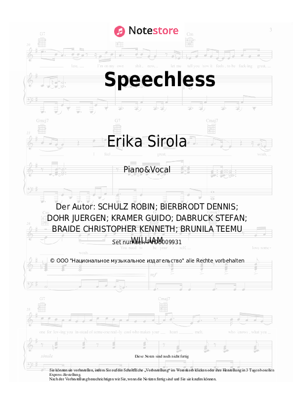 Noten mit Gesang Robin Schulz, Erika Sirola - Speechless - Klavier&Gesang