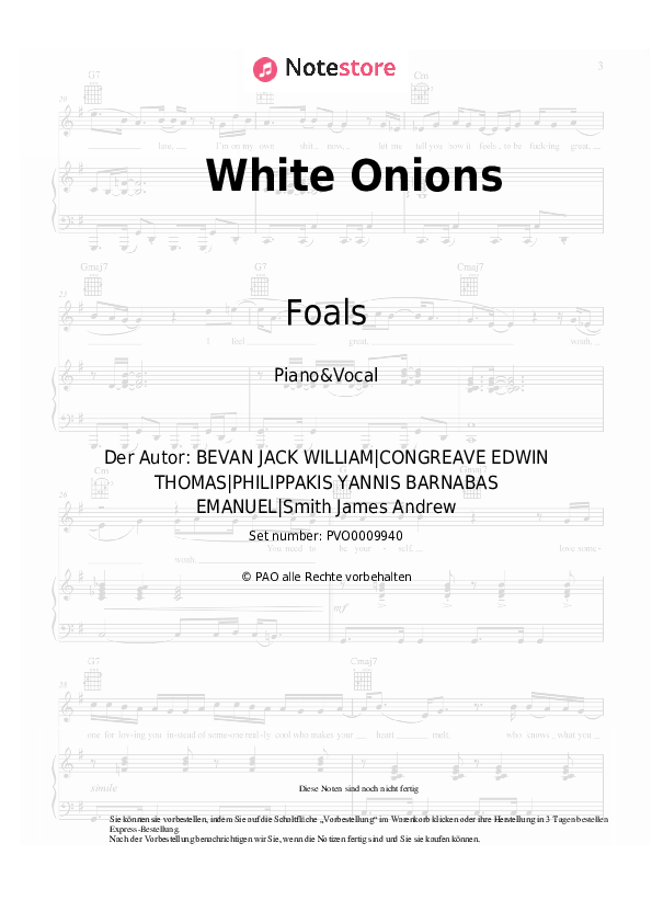 Noten mit Gesang Foals - White Onions - Klavier&Gesang