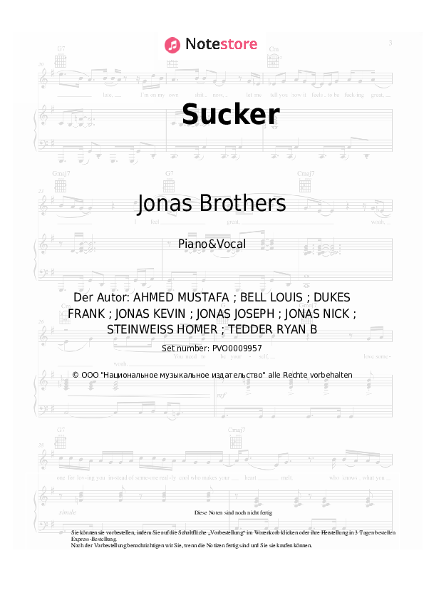 Noten mit Gesang Jonas Brothers - Sucker - Klavier&Gesang