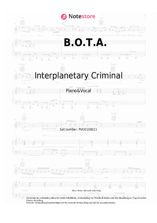 Noten mit Gesang Eliza Rose, Interplanetary Criminal - B.O.T.A. - Klavier&Gesang