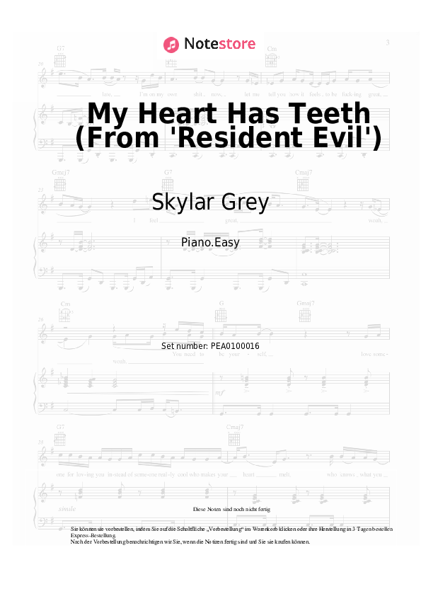Einfache Noten Deadmau5, Skylar Grey - My Heart Has Teeth (From 'Resident Evil') - Klavier.Easy