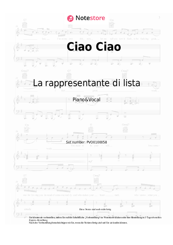 Noten mit Gesang La rappresentante di lista - Ciao Ciao - Klavier&Gesang