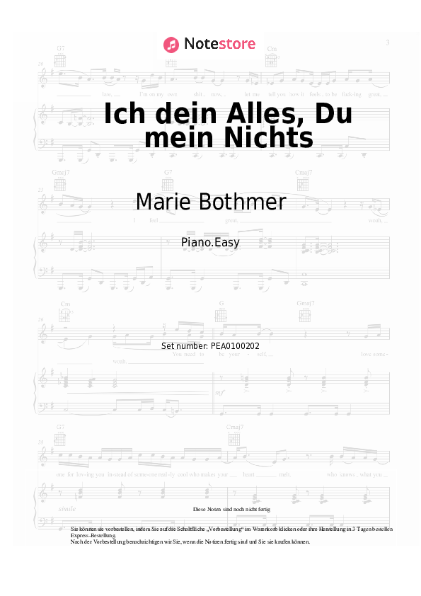 Einfache Noten Marie Bothmer - Ich dein Alles, Du mein Nichts - Klavier.Easy