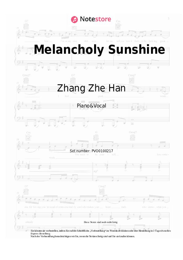 Noten mit Gesang Zhang Zhe Han - Melancholy Sunshine - Klavier&Gesang