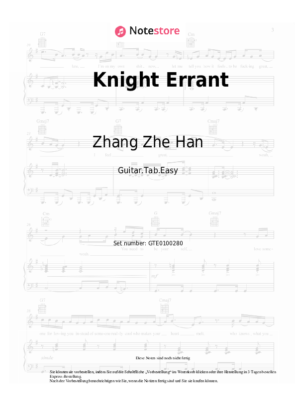 Einfache Tabs Zhang Zhe Han - Knight Errant - Gitarre.Tabs.Easy