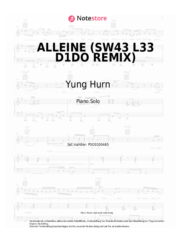 Noten Yung Hurn - ALLEINE (SW43 L33 D1DO REMIX) - Klavier.Solo