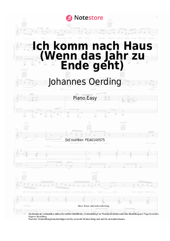 Einfache Noten Johannes Oerding - Ich komm nach Haus (Wenn das Jahr zu Ende geht) - Klavier.Easy