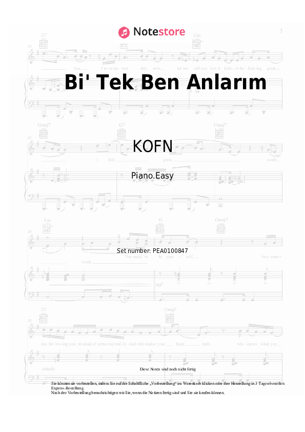 Einfache Noten KOFN - Bi' Tek Ben Anlarım - Klavier.Einfach