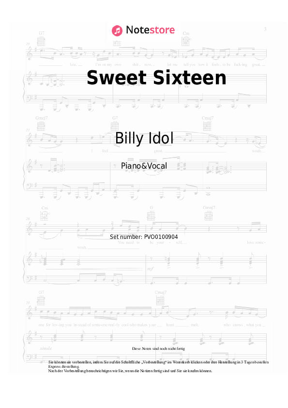 Noten mit Gesang Billy Idol - Sweet Sixteen - Klavier&Gesang