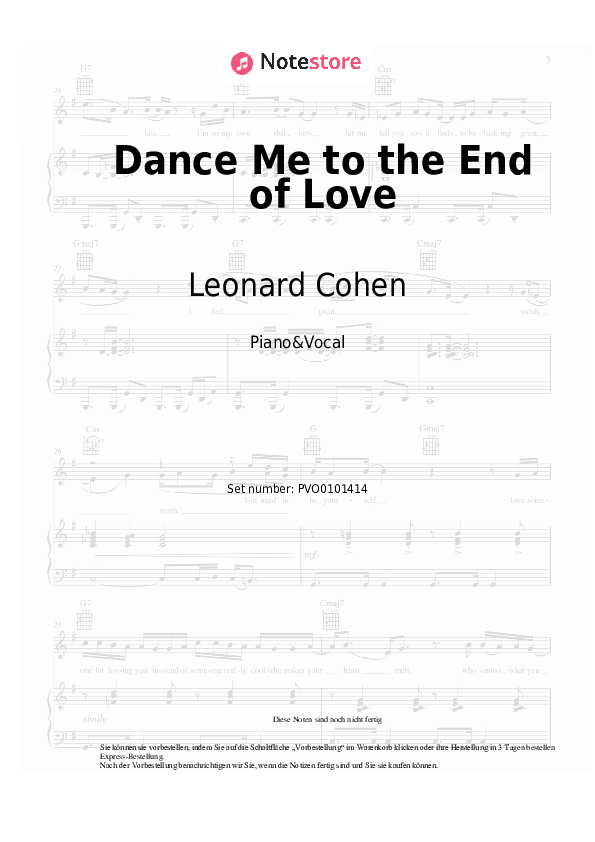 Noten mit Gesang Leonard Cohen - Dance Me to the End of Love - Klavier&Gesang