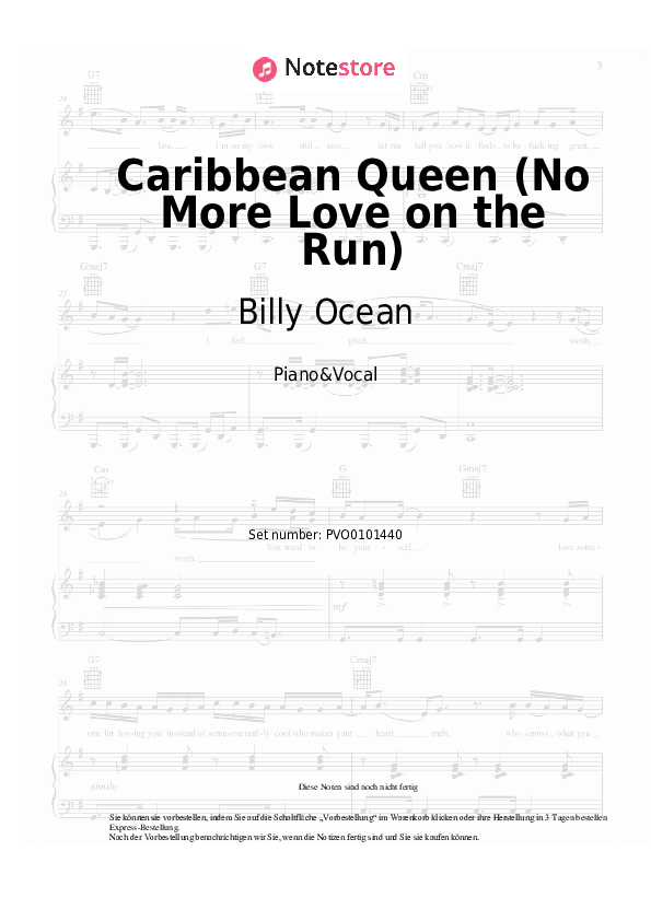 Noten mit Gesang Billy Ocean - Caribbean Queen (No More Love on the Run) - Klavier&Gesang