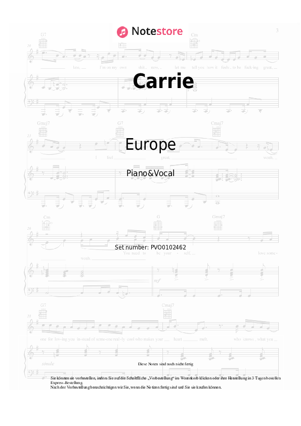Noten mit Gesang Europe - Carrie - Klavier&Gesang