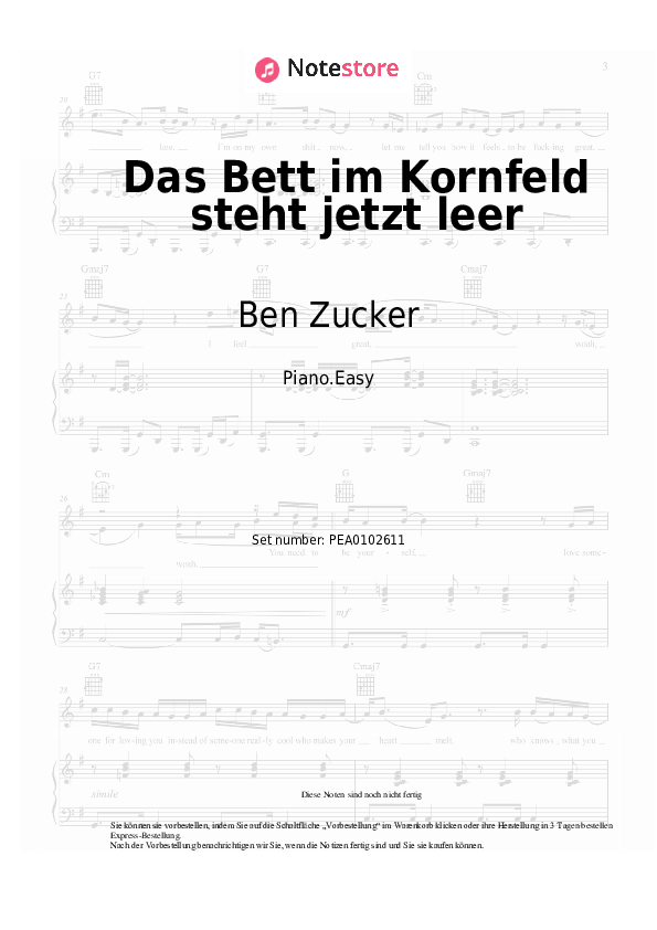 Einfache Noten Ben Zucker - Das Bett im Kornfeld steht jetzt leer - Klavier.Easy