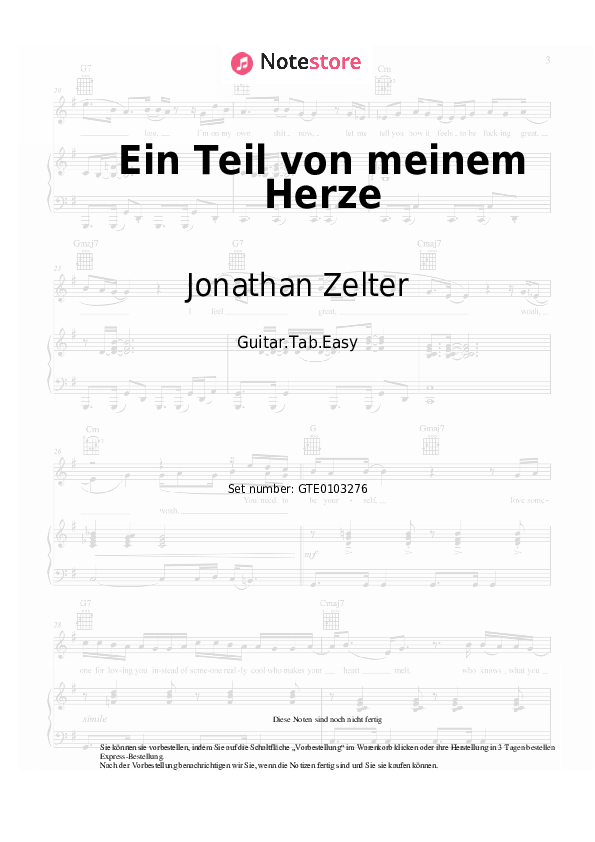 Einfache Tabs Jonathan Zelter - Ein Teil von meinem Herze - Gitarre.Tabs.Easy