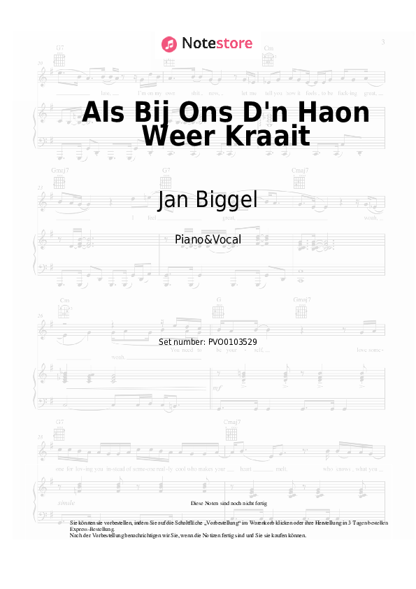 Noten mit Gesang Jan Biggel - Als Bij Ons D'n Haon Weer Kraait - Klavier&Gesang