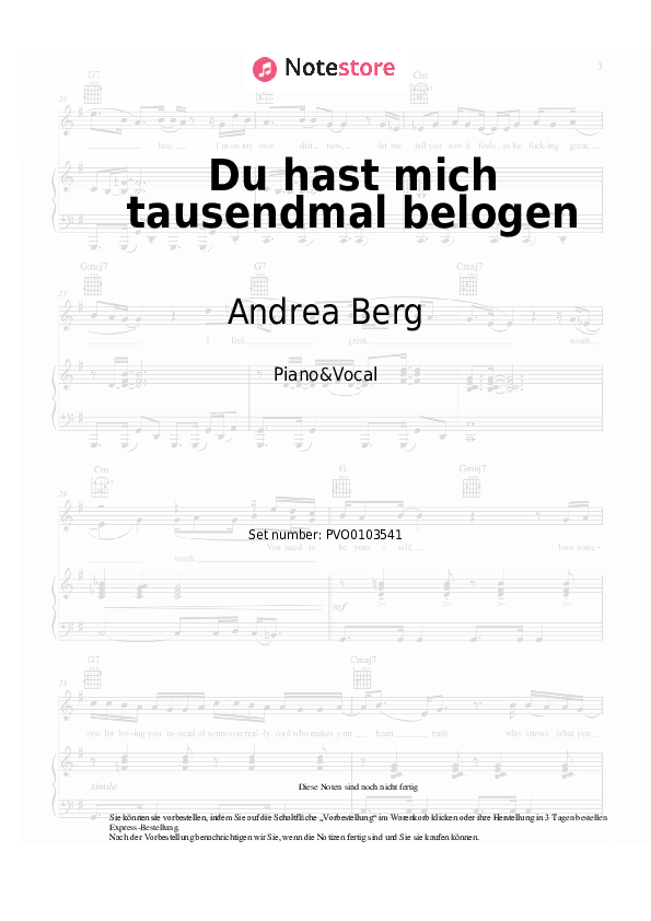 Noten mit Gesang Andrea Berg - Du hast mich tausendmal belogen - Klavier&Gesang