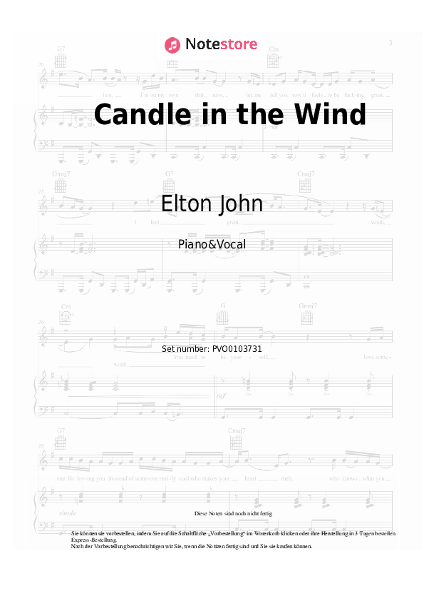 Noten mit Gesang Elton John - Candle in the Wind - Klavier&Gesang