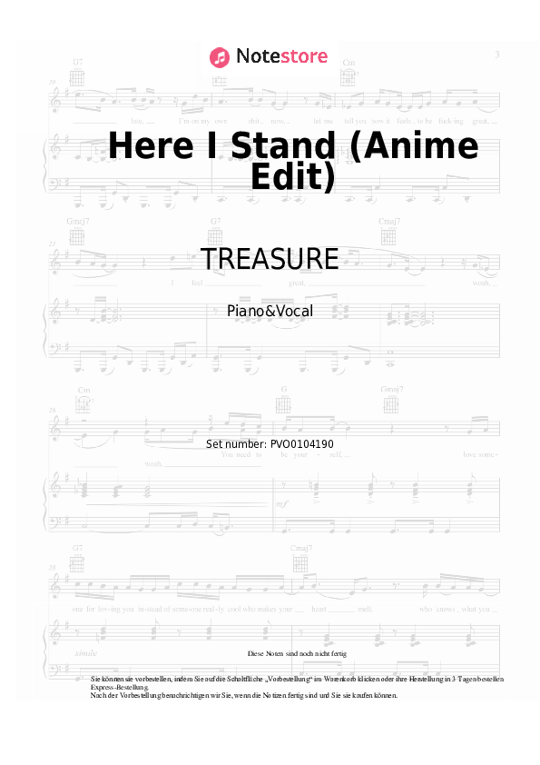 Noten mit Gesang TREASURE - Here I Stand (Anime Edit) - Klavier&Gesang