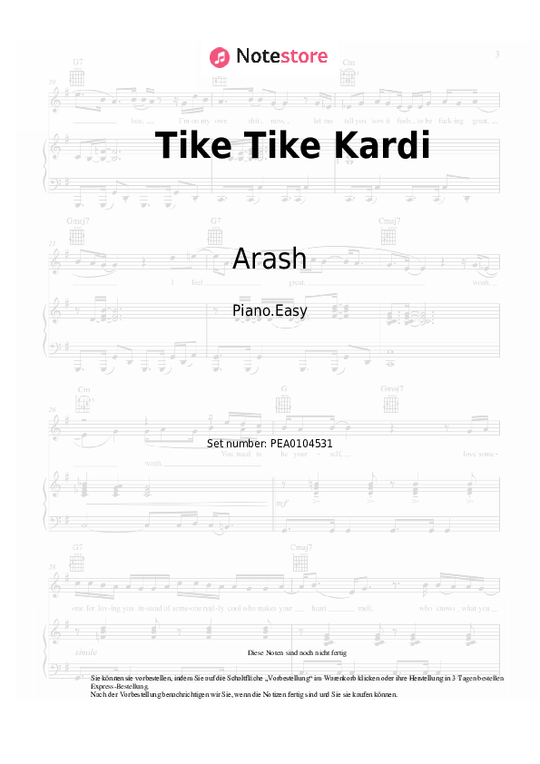 Einfache Noten Arash - Tike Tike Kardi - Klavier.Easy