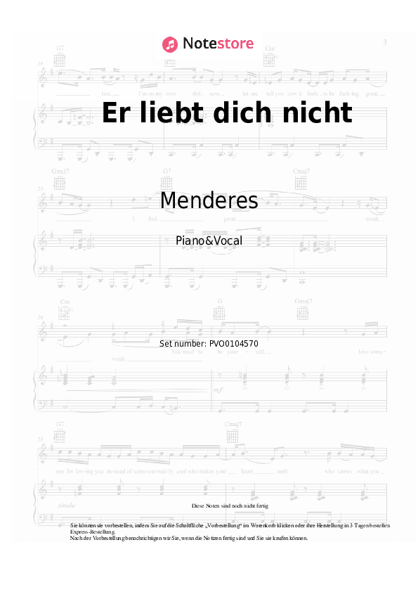 Noten mit Gesang Menderes - Er liebt dich nicht - Klavier&Gesang