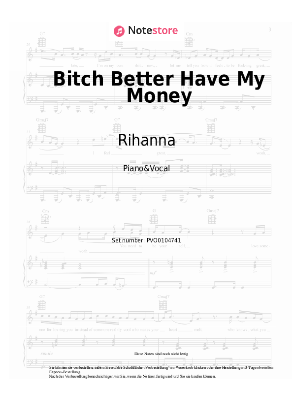 Noten mit Gesang Rihanna - Bitch Better Have My Money - Klavier&Gesang
