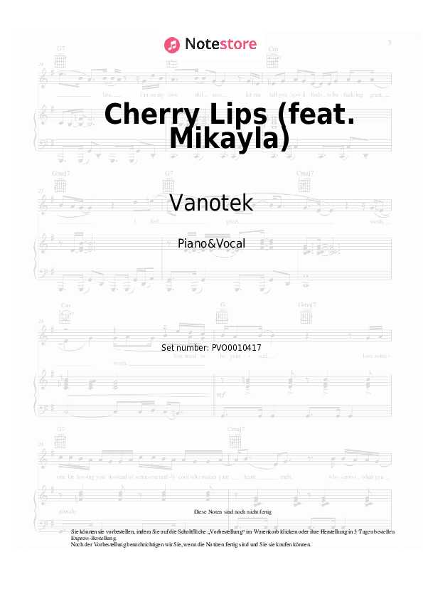 Noten mit Gesang Vanotek - Cherry Lips (feat. Mikayla) - Klavier&Gesang