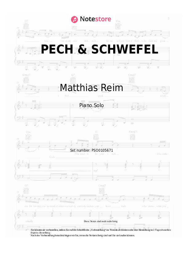 Noten FiNCH, Matthias Reim - PECH & SCHWEFEL - Klavier.Solo