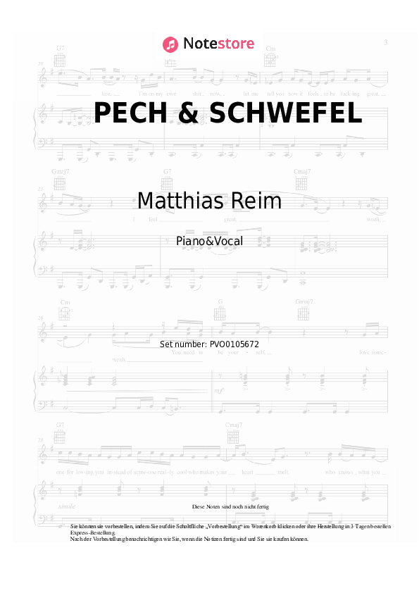 Noten mit Gesang FiNCH, Matthias Reim - PECH & SCHWEFEL - Klavier&Gesang