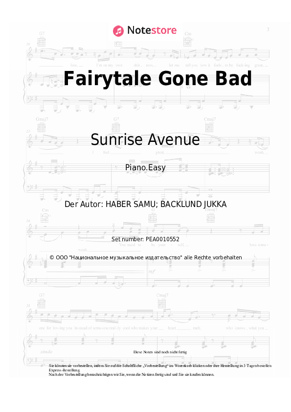 Einfache Noten Sunrise Avenue - Fairytale Gone Bad - Klavier.Easy